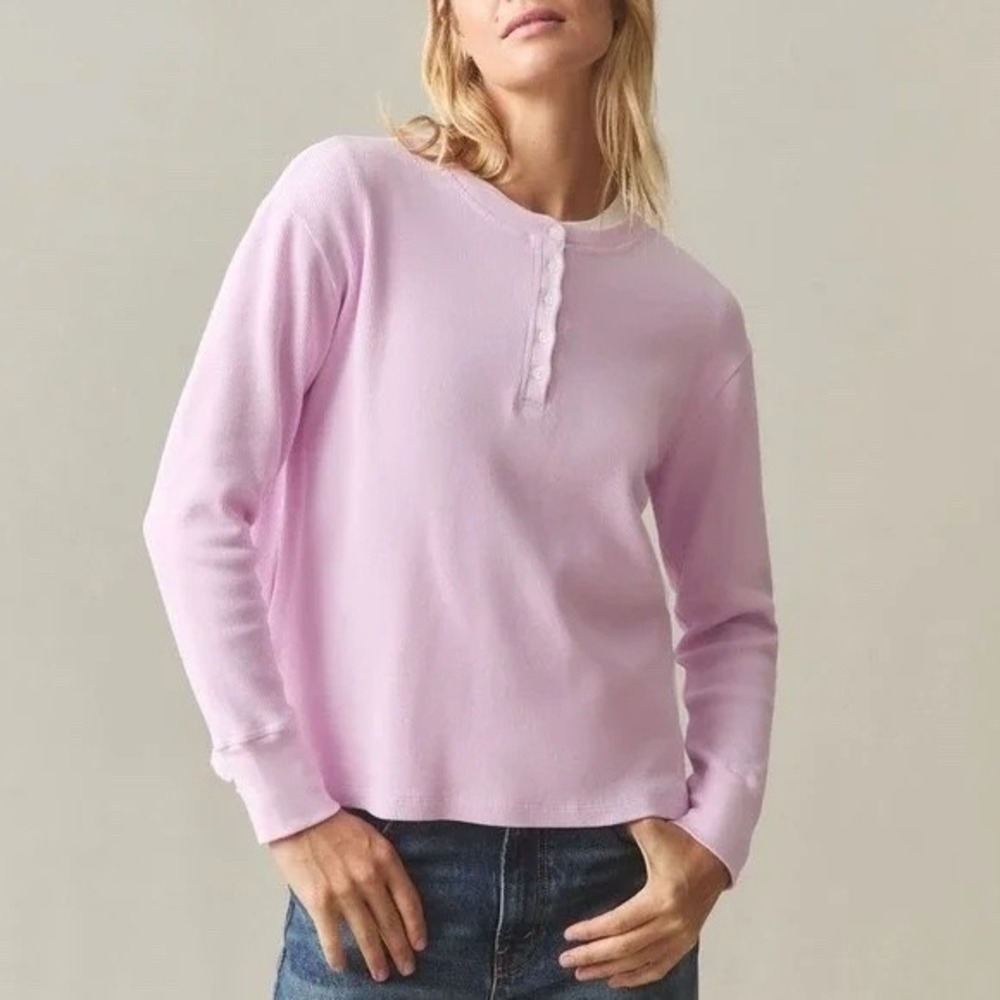 American‎ Giant Thermal T-Shirt Womens S Pink Cotton Stretch Waffle Henley Neck